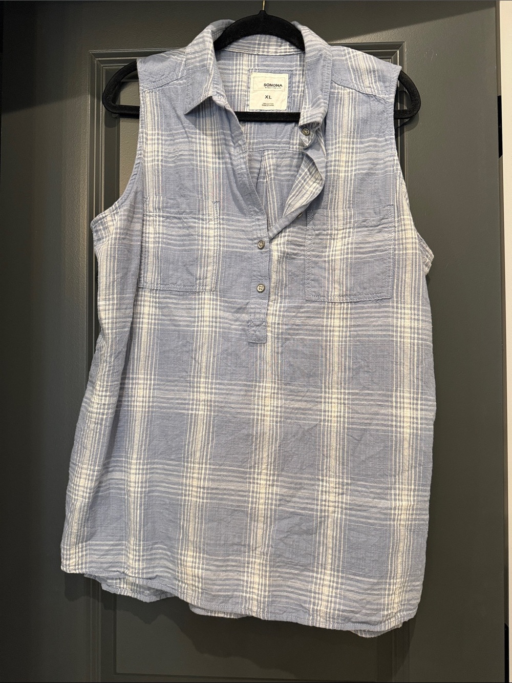 Sonoma Blue and White Sleeveless Plaid Button-Front Tank